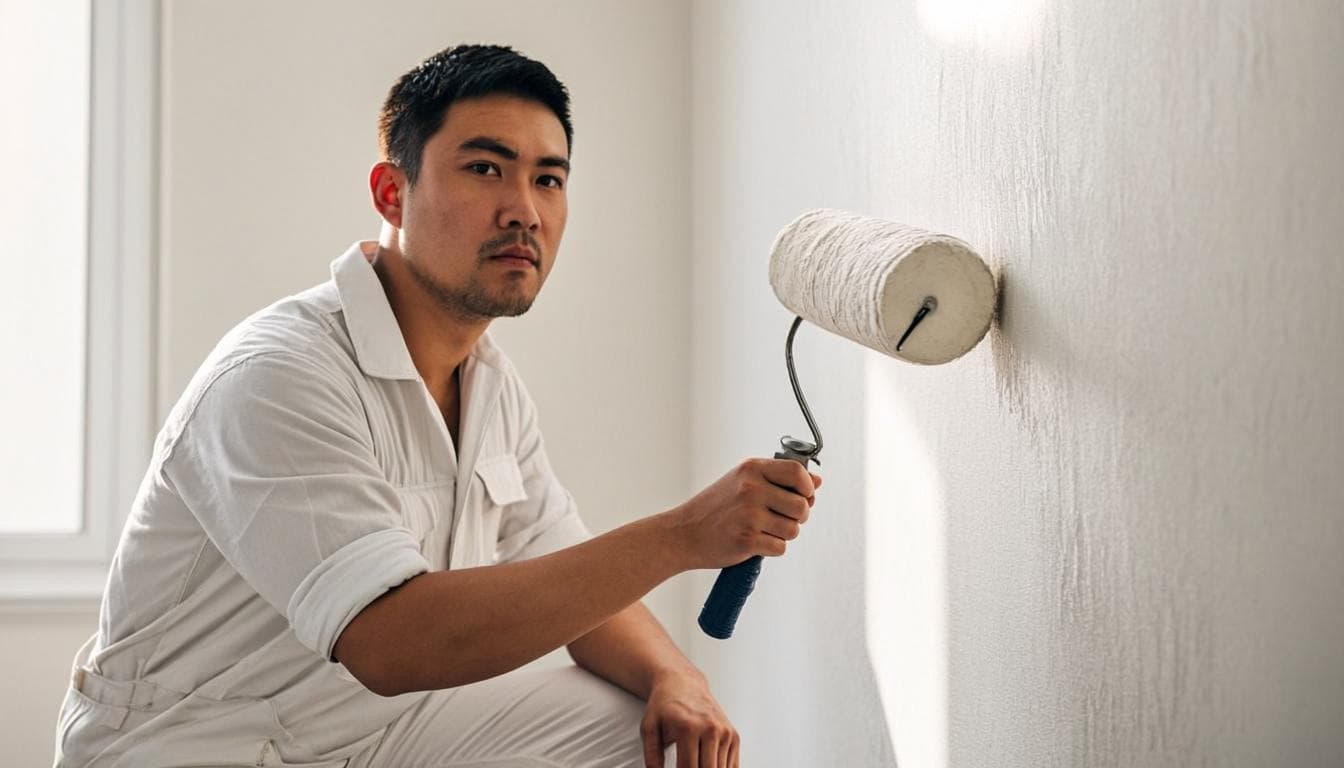 Professional painter applying interior wall paint with a roller