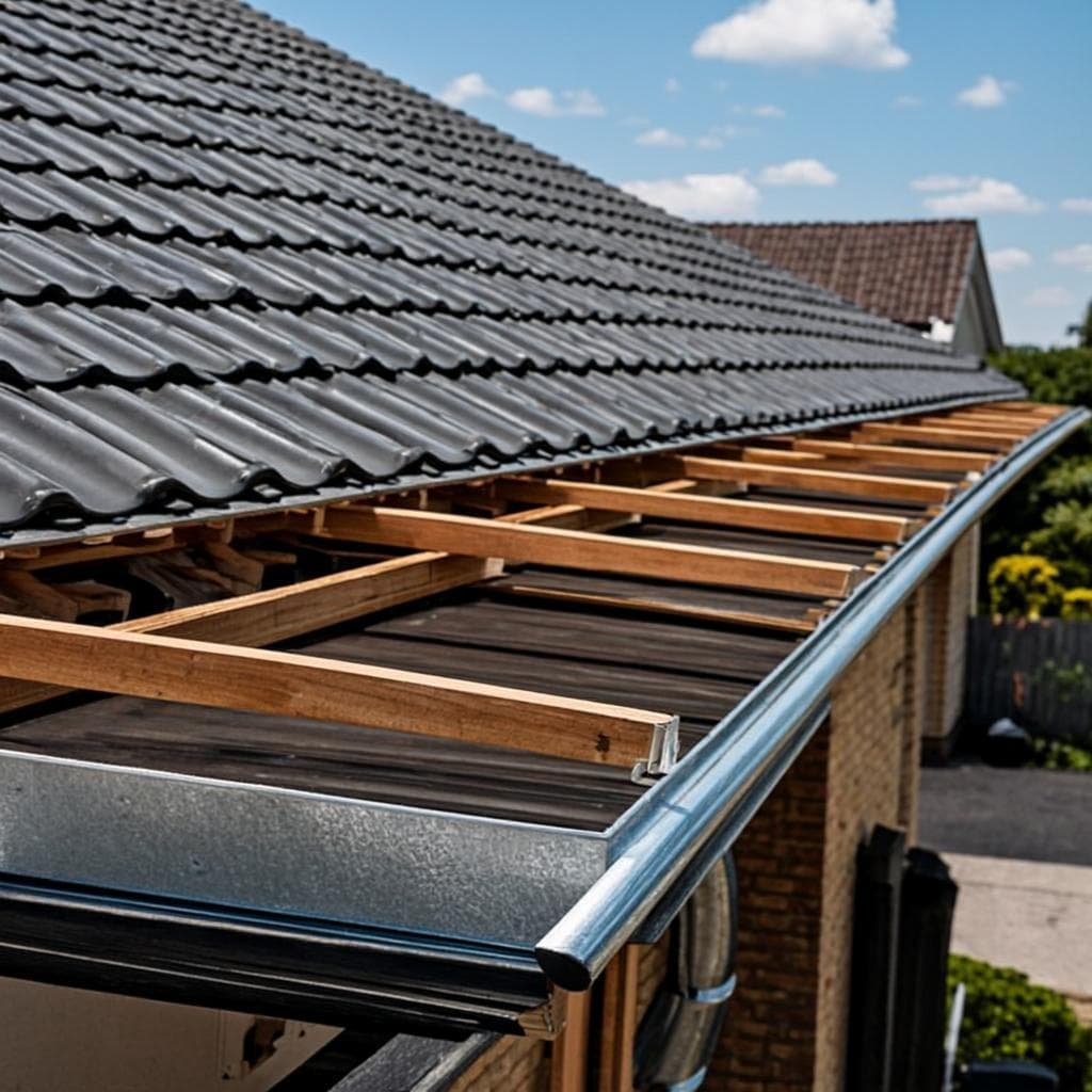 New aluminium gutters being installed on a residential roof edge