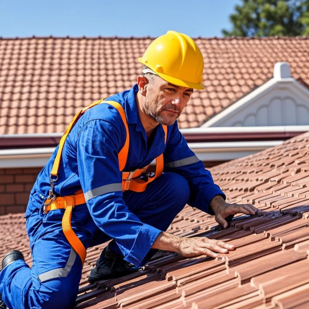 Professional tradesperson conducting a roof inspection on a residential property