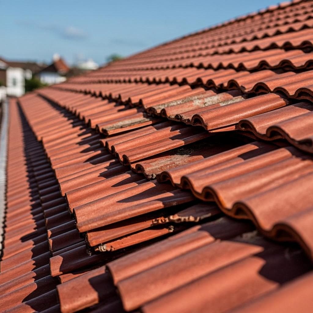 Damaged residential roof tiles being repaired by a roofing tradesperson